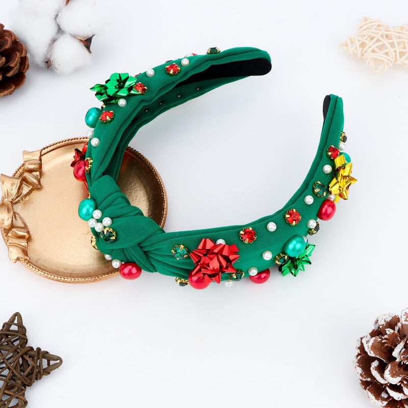 Semato Green Christmas Headbands for Women Hair Knotted Headband With Pearl Hair Band for Women Non Slip Headband Wide Christmas Accessories - Image 3